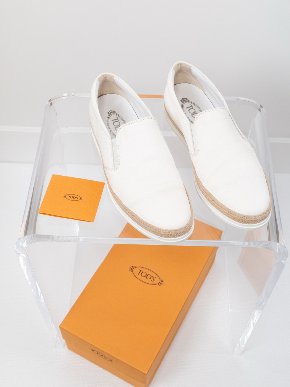 Tod's White Leather Slip-On Espadrille-Style Loafers